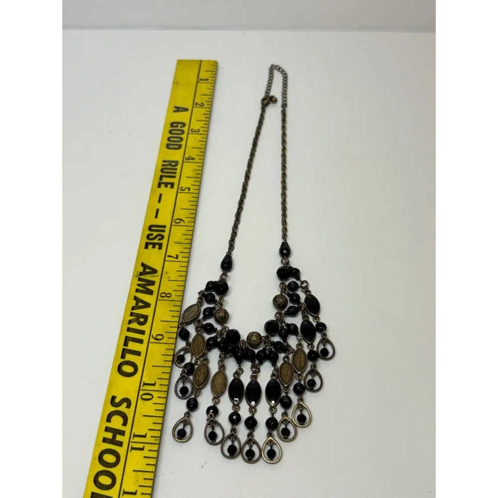 Antique Brass Black Beaded Bib Fringe Statement Necklace Gothic Boho